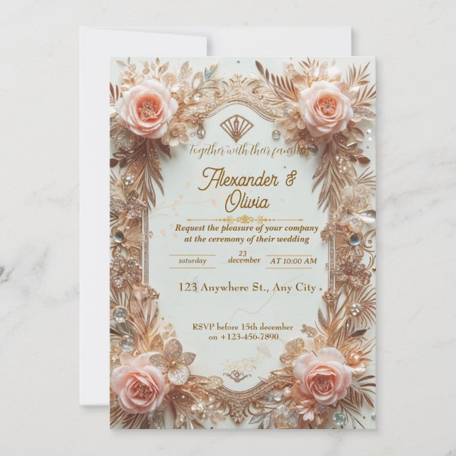 Convite Dourado para Casamento Elegante com Floral (Frente)