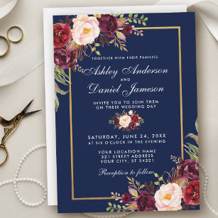 Convite Dourado para Casamento Floral Azul Burgund