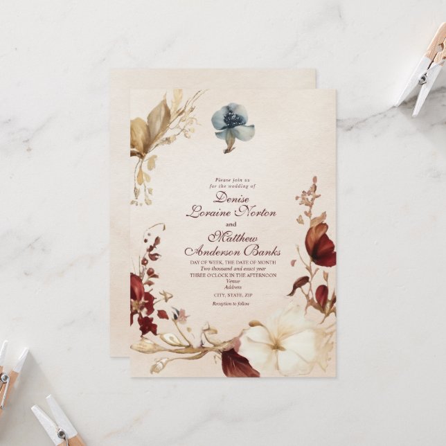 Convite Dourado para Casamento Floral Elegante Bur (Frente/Verso In Situ)