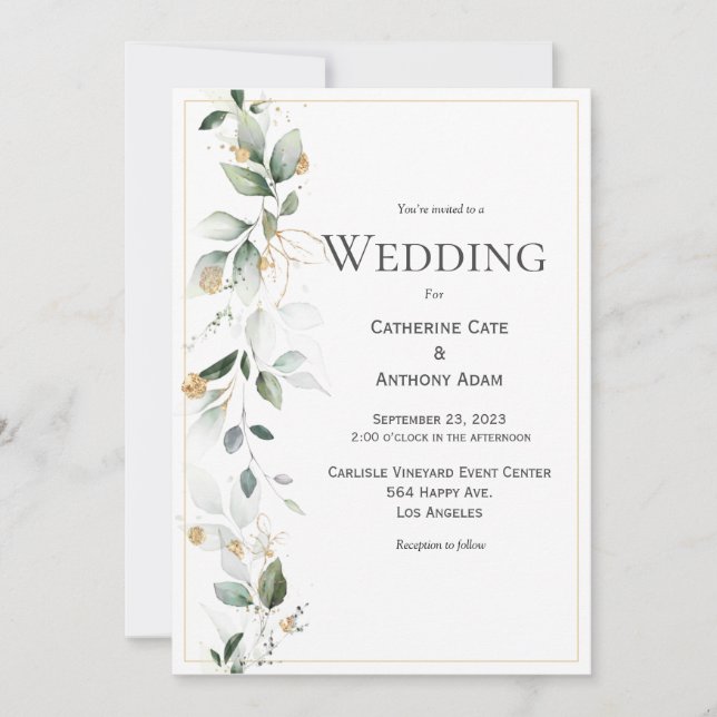 Convite Dourado para Casamento Floral Eucalyptus G (Frente)