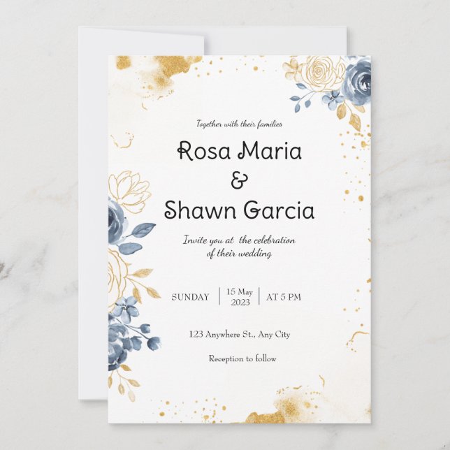Convite Dourado para Casamento Floral Romântico (Frente)