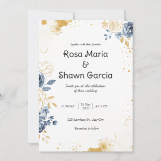 Convite Dourado para Casamento Floral Romântico