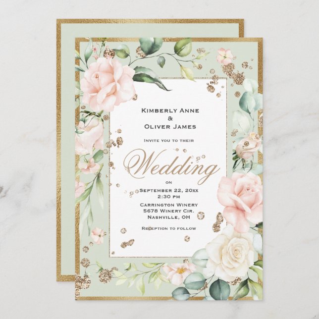 Convite Dourado para Casamento Floral, , Rosa Eleg (Frente/Verso)