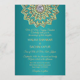 Convite Dourado para Casamento Indiano Teal Blue M