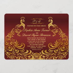 Convite Dourado para Casamento Peacock Real Burgun