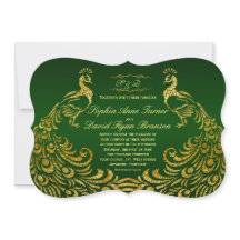Convite Dourado para Casamento Peacock Real Green 