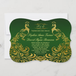 Convite Dourado para Casamento Peacock Real Green