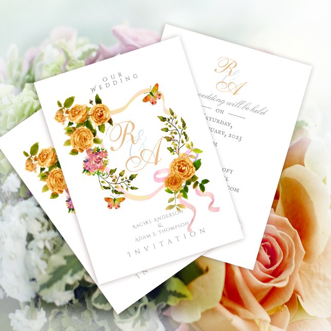 Convite Dourado para Casamento por Monograma de Fi (Elegant Gold Rose Ribbon Monogram Invitation Card.)