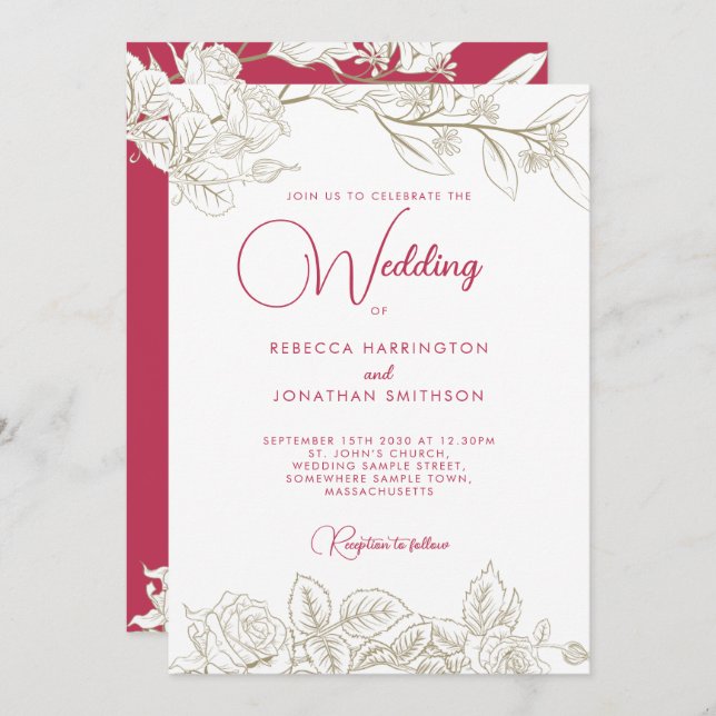 Convite Dourado para Casamento Rosa-Rosa Magenta,  (Frente/Verso)