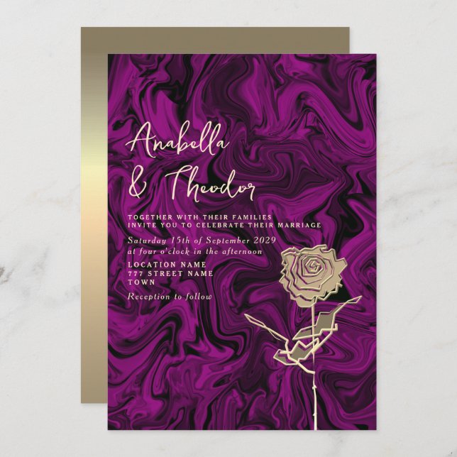 Convite Dourado para Casamento Roxo de Toneladas d (Frente/Verso)