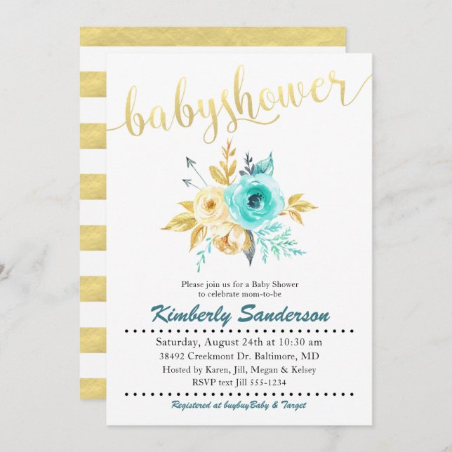 Convite Dourado para Chá de fraldas Floral Stripe (Frente/Verso)