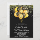 Convite Dourado para o 10º aniversário do casament<br><div class="desc">Um elegante convite festivo para o 10º aniversário de casamento preto que inclui balões de ouro e negros e confete com tipografia de guião branca contrastada com o tipo clássico de serifa sans. Este convite tem um talento festivo com forte contraste e estilo moderno. personalize para qualquer ano de aniversário...</div>