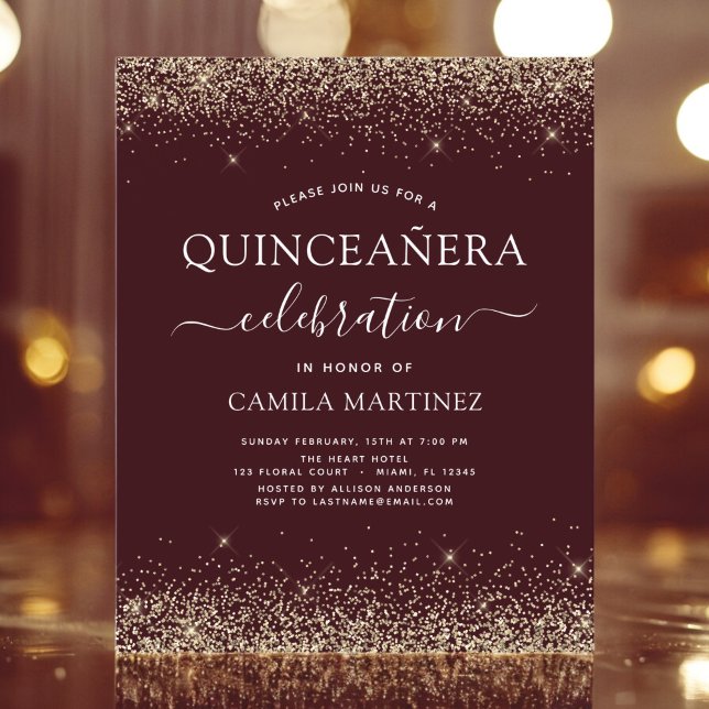 Convite Dourado para Quinceanera Burgundy (Criador carregado)