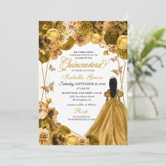 Convite Dourado para Quinceanera Elegante (Em pé/Frente)
