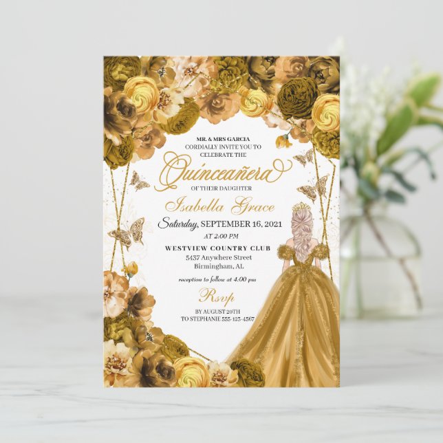 Convite Dourado para Quinceanera Elegante (Em pé/Frente)