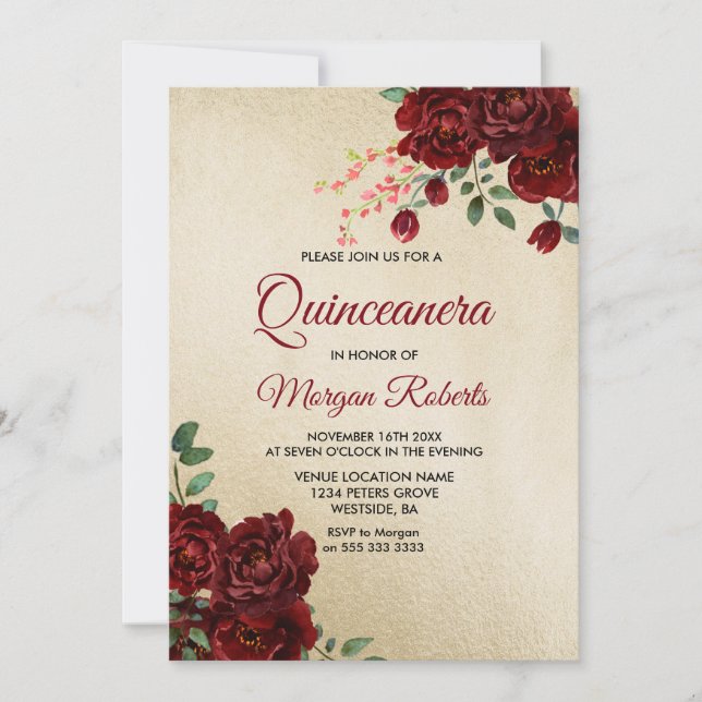 Convite Dourado para Quinceanera Floral Rosa verme (Frente)
