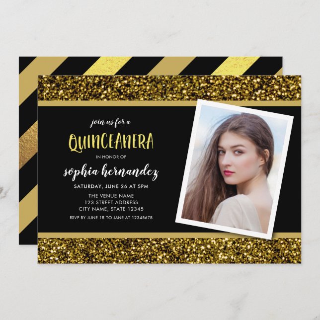 Convite Dourado para Quinceanera Foto Glitter (Frente/Verso)