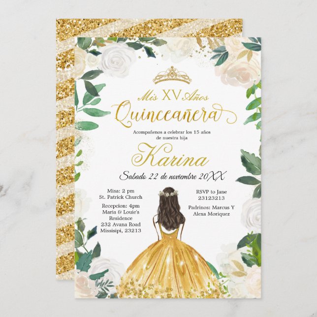 Convite Dourado para Quinceanera White Floral Mexi (Frente/Verso)