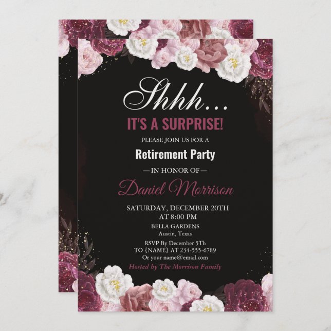 Convite Dourado Partido da Reforma Surpresa , Rosa Floral, (Frente/Verso)