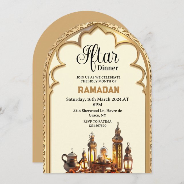 Convite Dourado partido de janto Iftar Ramadan kareem 2025 (Frente/Verso)
