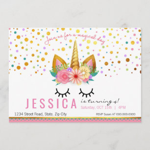 Convite Dourado Partido Floral Unicorn