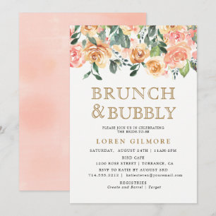 Convite Dourado Peach Floral Brunch e Chá Borracha