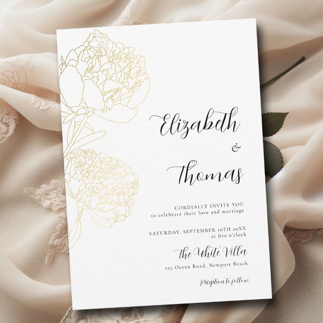 Convite Dourado Pêonias Romance Elegante Casamento Floral (gold peonies floral sketch modern classic wedding invitation romantic elegant boho formal)