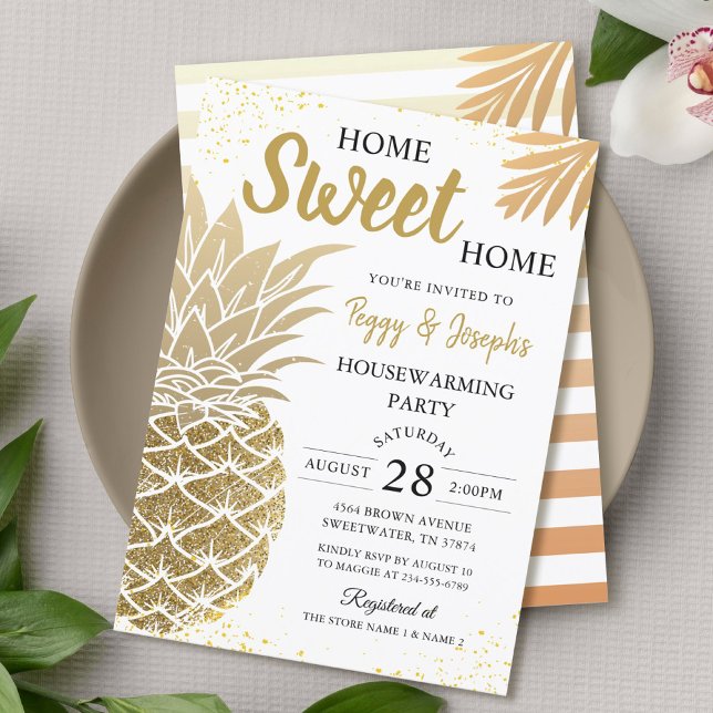 Convite Dourado Pineapple Home Sweet Home Housearming Part (Criador carregado)