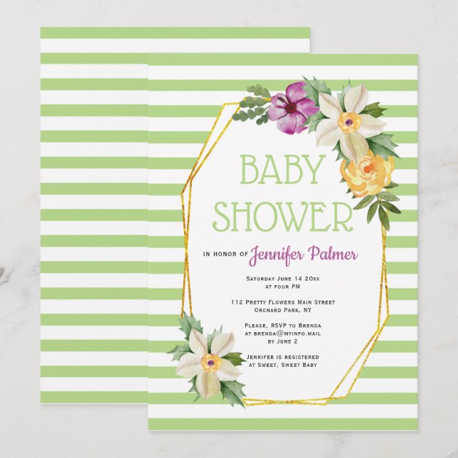 Convite Dourado polígono e flores chá de fraldas verde flo (Frente/Verso)