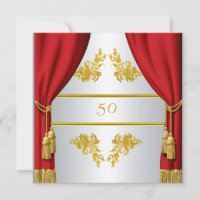 Convite Dourado Prata Cortina Vermelha Aniversário