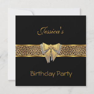 Convite Dourado Preto Leopardo laço Elegante Chique Aniver