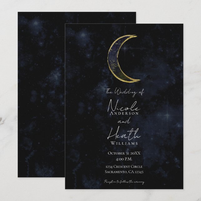 Convite Dourado Preto Lua Celestial Noite Estrelas Casamen (Frente/Verso)