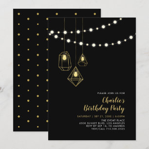 Convite Dourado & Preto   Luzes de Corda Modernas para Fes