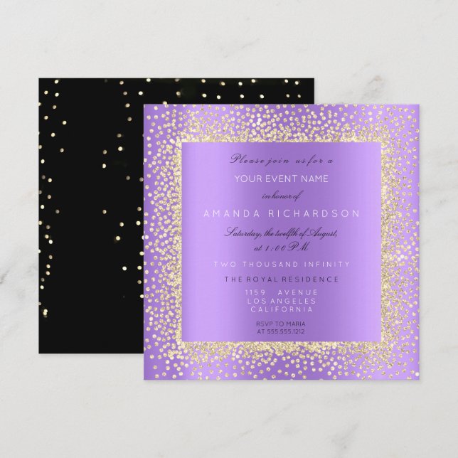 Convite Dourado Preto Minimal Champaigne Confetes Violeta  (Frente/Verso)