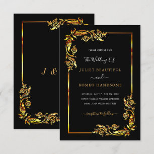 Convite Dourado Preto para Casamento com Quadro de