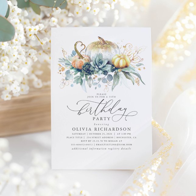 Convite Dourado Pumpkins Suculenta Greenerent Cai Aniversá (Pumpkins and Greenery Birthday Invitation)