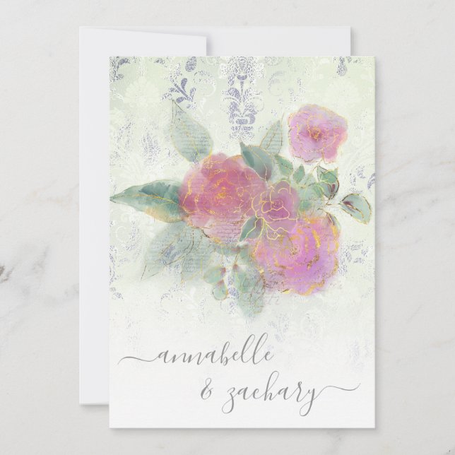 Convite *~* Dourado QR AR12 Damask RSVP Rose Bouquet Weddi (Frente)