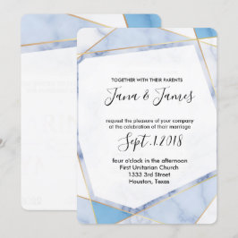 Convite Dourado quadro branco e azul mármore Casamento mod