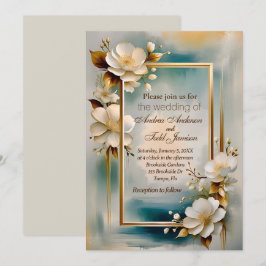 Convite Dourado quadro de fundo branco flores brancas casa