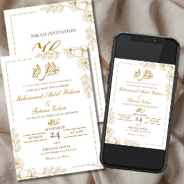 Convite Dourado Quadro Floral Elegante Livro Branco Modern