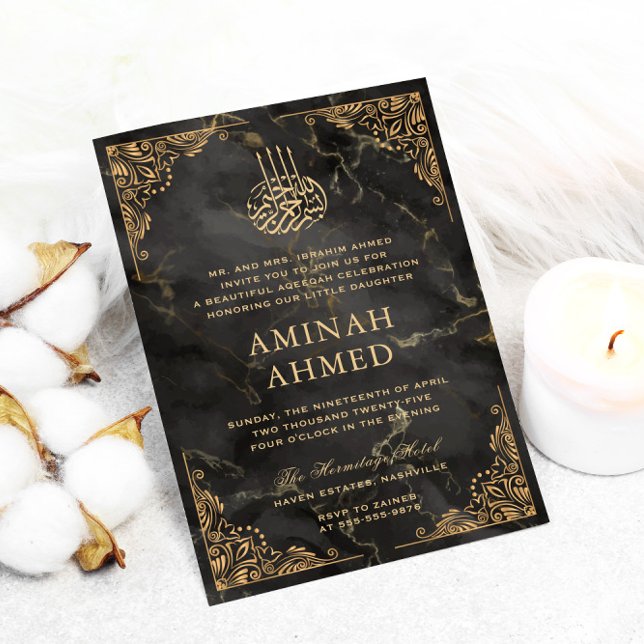 Convite Dourado Quadro Preto Marble Esmagado Aqiqa Aqeqa B (Criador carregado)