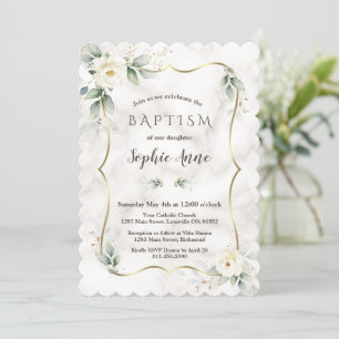 Convite Dourado quadro Verde Branco Floral Batismo Floral 
