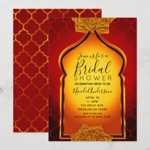 Convite Dourado Real Vermelho Fogo Chuveiro Nupcial Árabe 