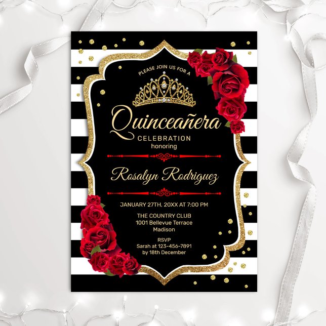 Convite Dourado Red Black White Stripes Quinceanera (Criador carregado)