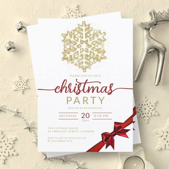 Convite Dourado Red Winter Glitter Snowflater Company Xmas (Gold Red Winter Glitter Snowflake Company Xmas Invitation)