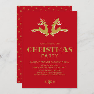 Convite Dourado Reindeer Red Christmas Party