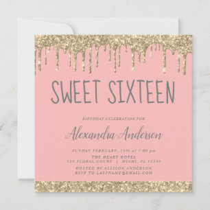Convite Dourado relâmpago cor-de-rosa Doce Dezesseis Anive