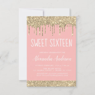 Convite Dourado relâmpago cor-de-rosa Doce Dezesseis Anive