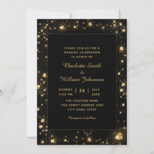 Convite Dourado Romântico Corações de Diamante Preto
