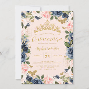 Convite Dourado Rosa Azul-Marinho Floral Borboleta Foto Qu